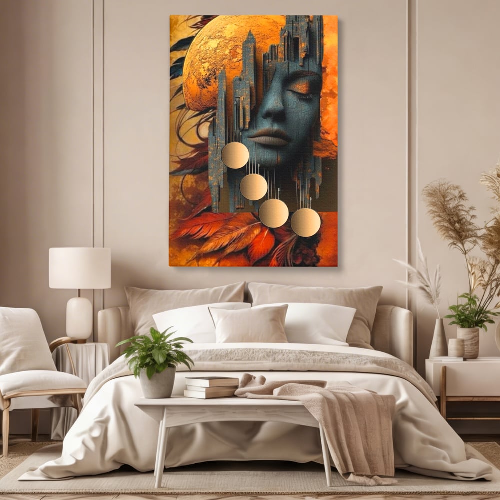 Tablou canvas cu tablou canvas cu chip de femeie si oras stilizat, fara rama, pe sasiu de lemn, pe perete intr-un dormitor